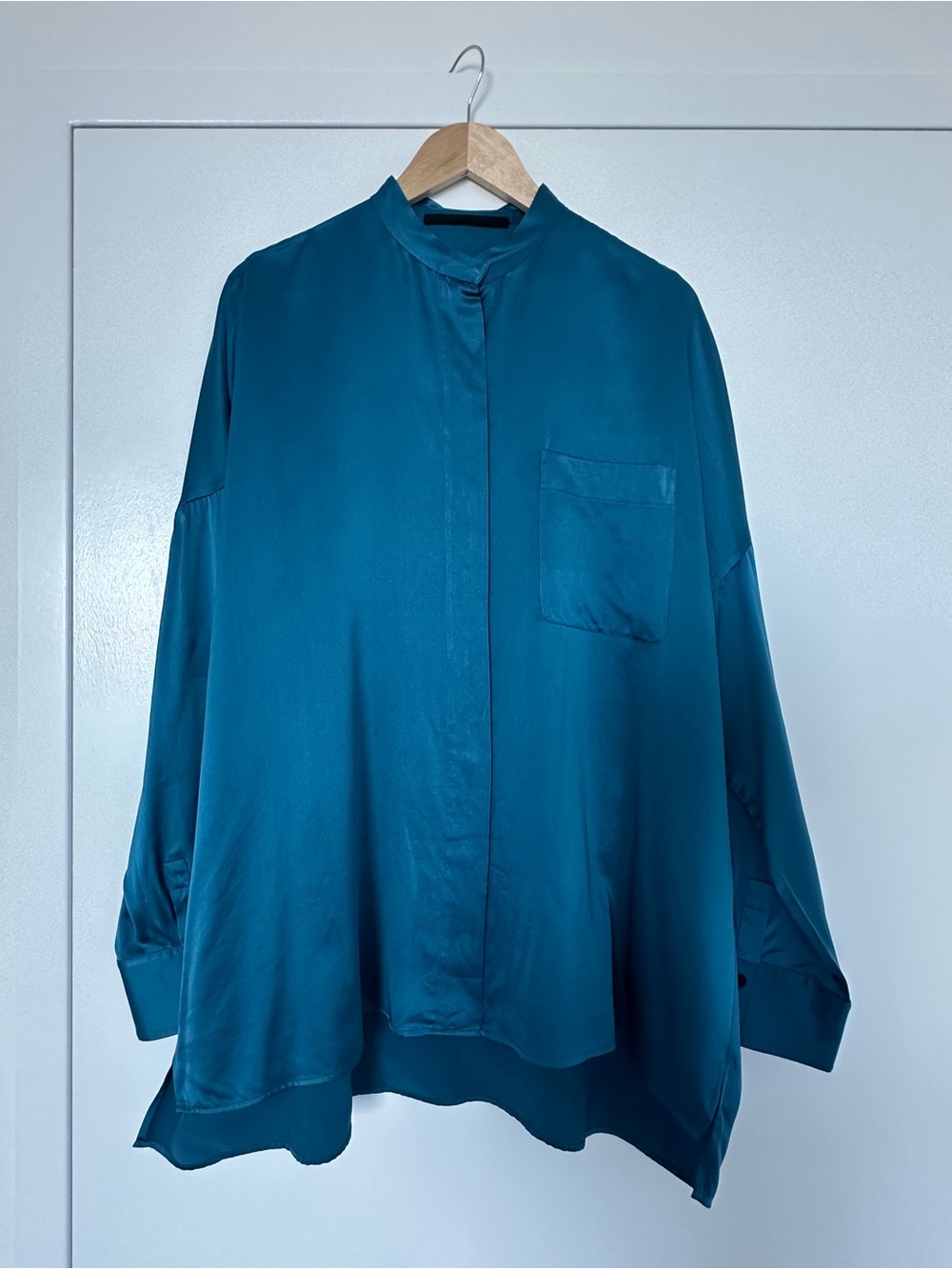 Haider Ackermann Teal Satin Mandarin-Collar Blouse